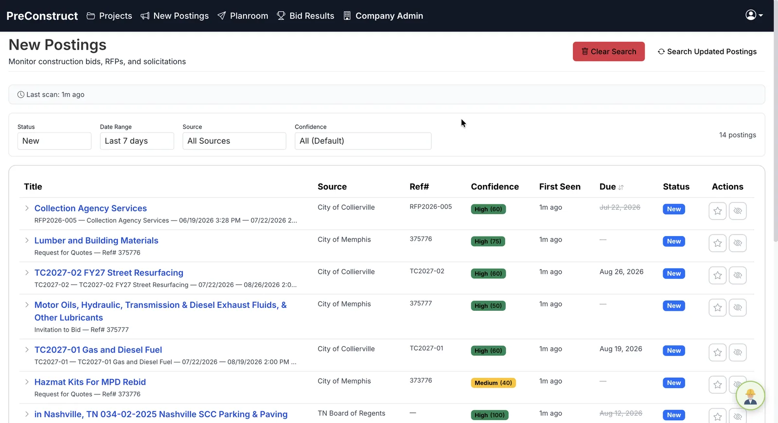 PreConstruct New Postings screen listing public bid solicitations from multiple sources with confidence scores, reference numbers, and due dates in a single table.