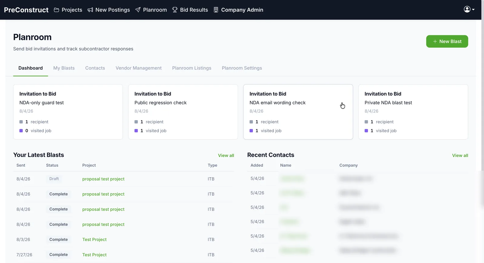 PreConstruct Planroom dashboard showing bid invitation cards with recipient and visit counts, a list of recent blasts by project, and a recent contacts table.