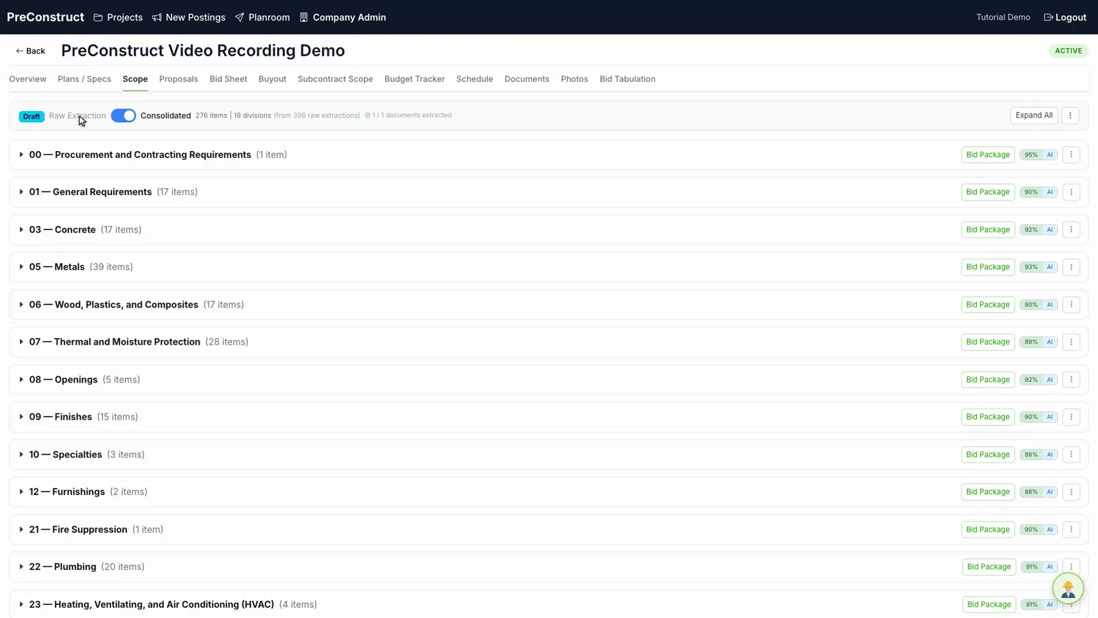 PreConstruct Scope tab on a sample project: a draft scope in Consolidated view with 276 items across 19 CSI divisions, each division a collapsible row with a Bid Package button.