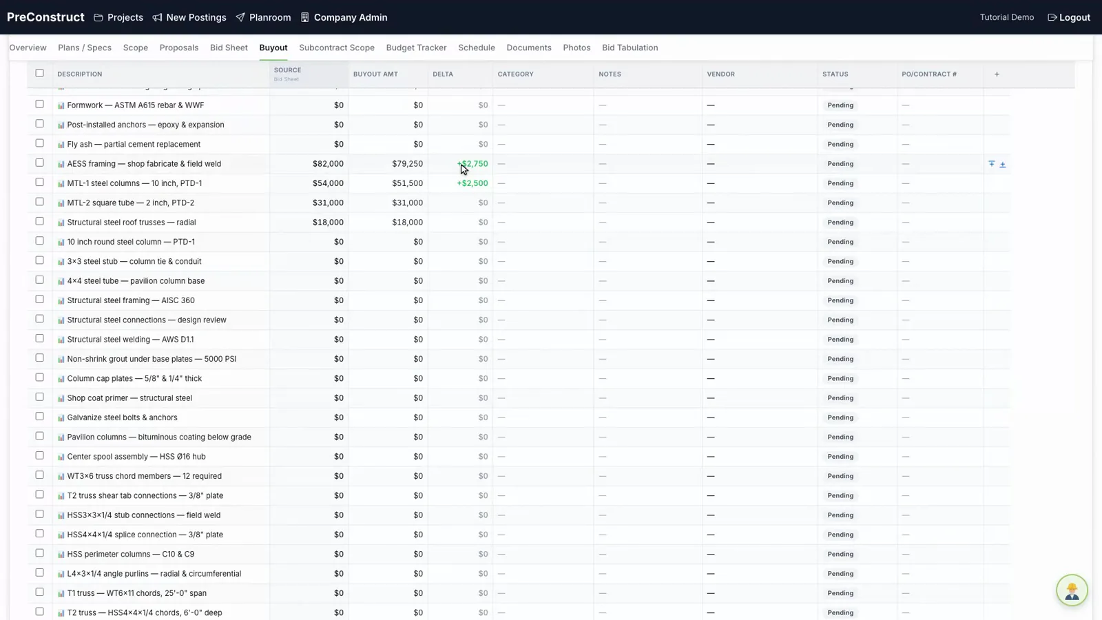 PreConstruct Buyout tab on a sample project listing scope items with bid-sheet amount, buyout amount, delta, category and status columns.