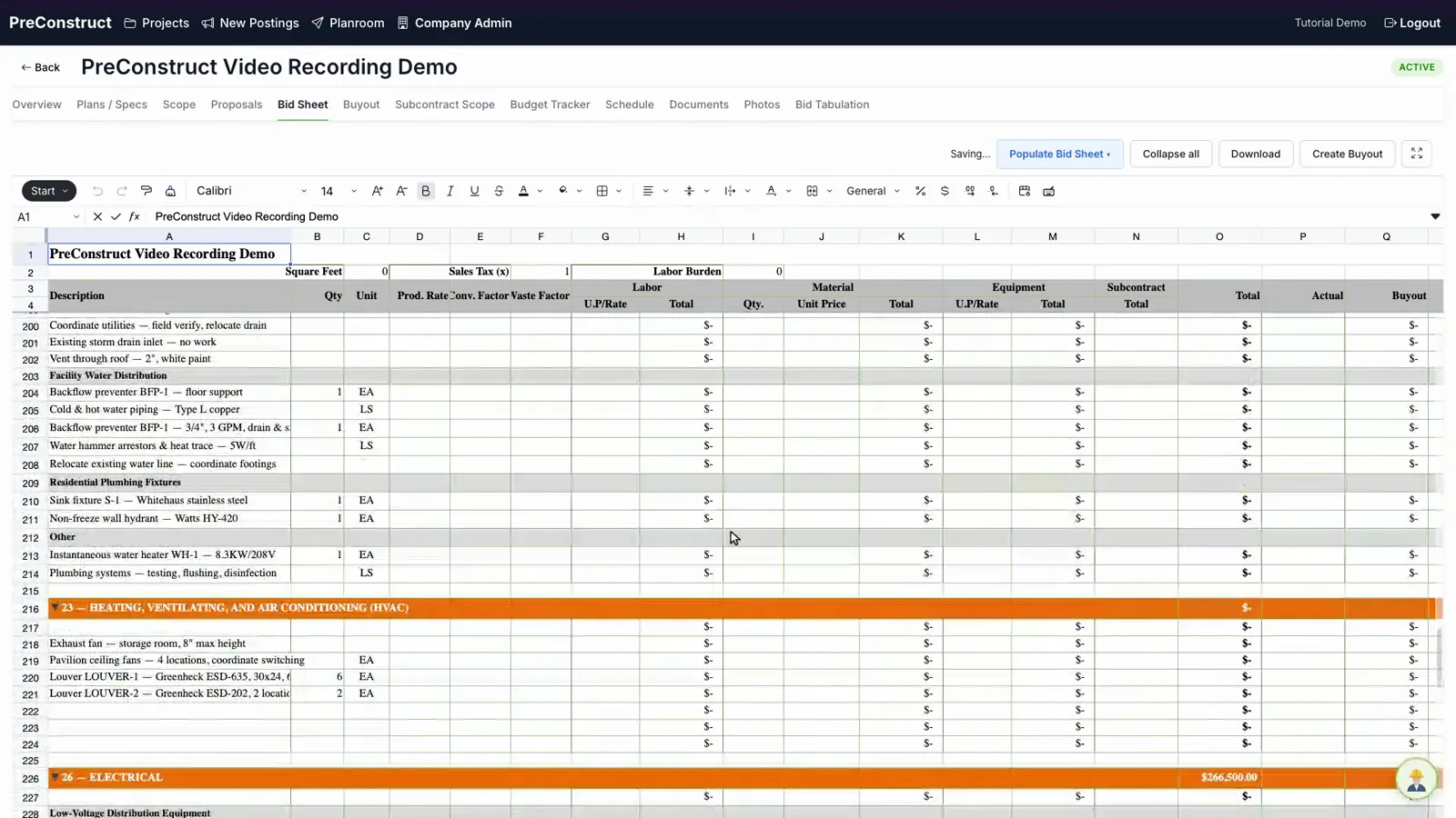 PreConstruct Bid Sheet spreadsheet on a sample project, organized by CSI division with quantity, unit, cost columns and division subtotals.